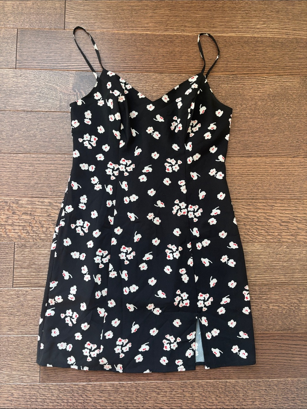 French Connection Black Mini Dress with White and Red Floral Print